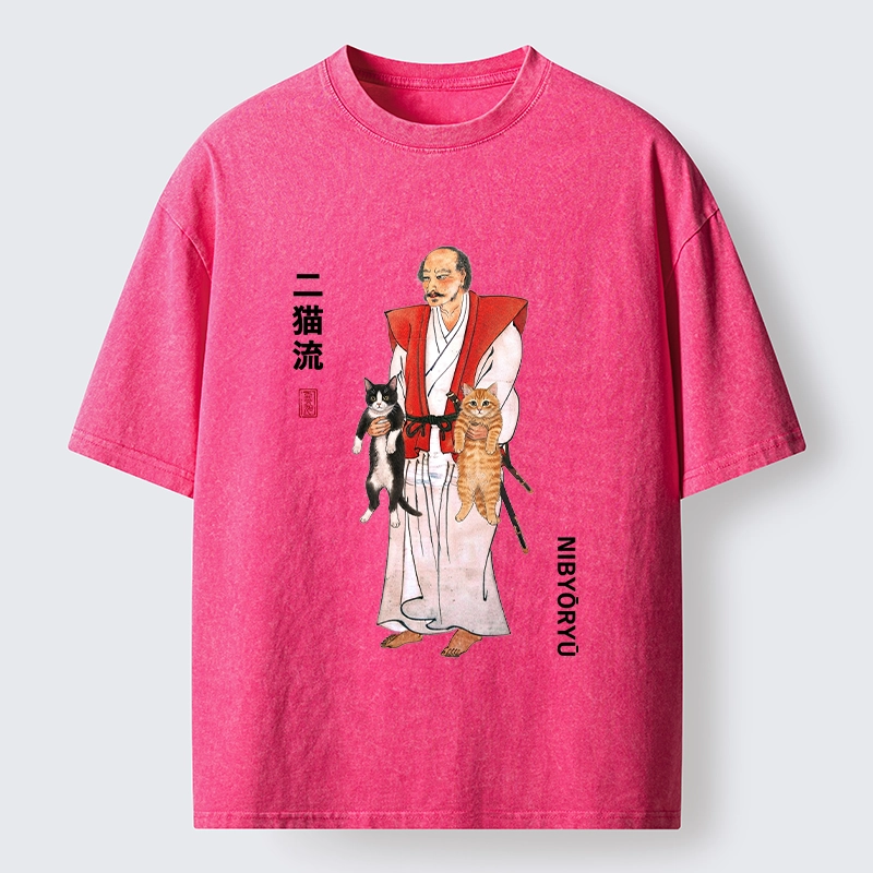 Tokyo‑Tiger Two Cat Samurai Vibe Washed T‑Shirt