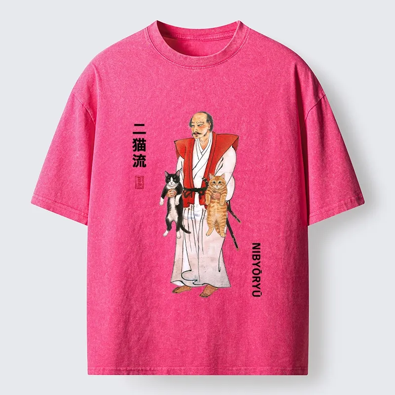 Tokyo‑Tiger Two Cat Samurai Vibe Washed T‑Shirt