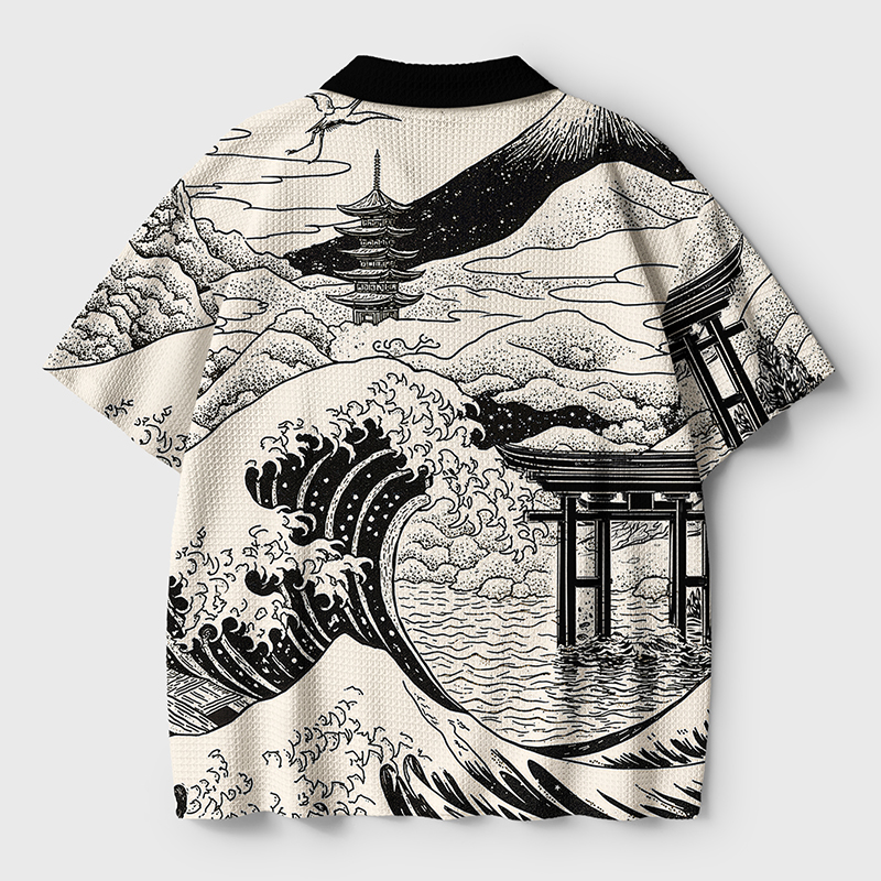 Tokyo-Tiger Retro Japanese landscape Crochet Polo Shirt