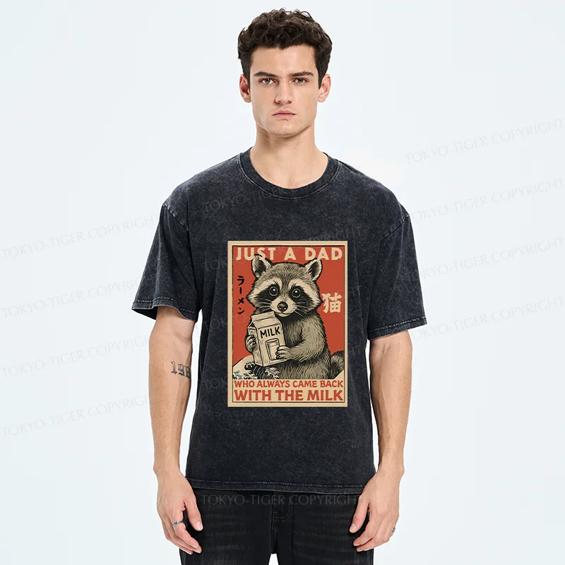 Tokyo-Tiger Cute Raccoon Holding Milk Washed T-Shirt