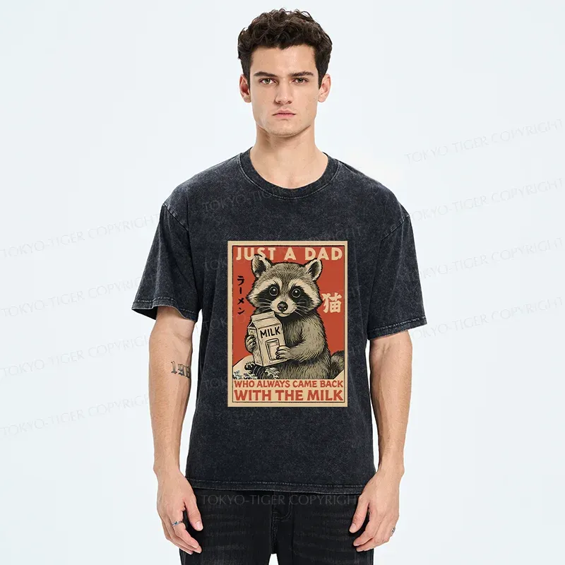 Tokyo-Tiger Cute Raccoon Holding Milk Washed T-Shirt