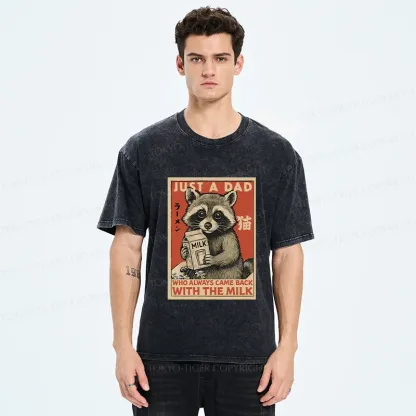 Tokyo-Tiger Cute Raccoon Holding Milk Washed T-Shirt