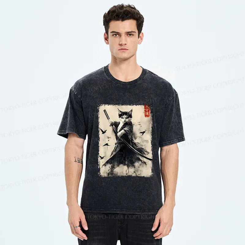 Tokyo-Tiger Retro Cat Samurai Poster Washed T-Shirt