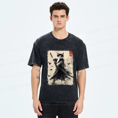 Tokyo-Tiger Retro Cat Samurai Poster Washed T-Shirt