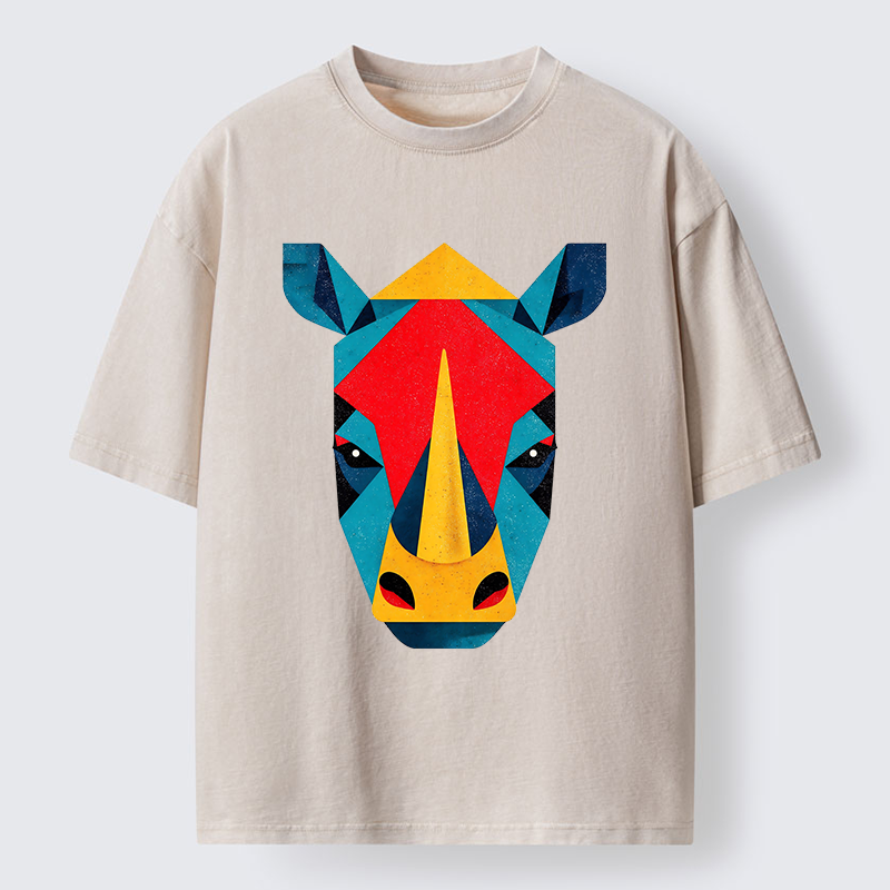 Tokyo-Tiger Geometric Rhino Art Washed T-Shirt