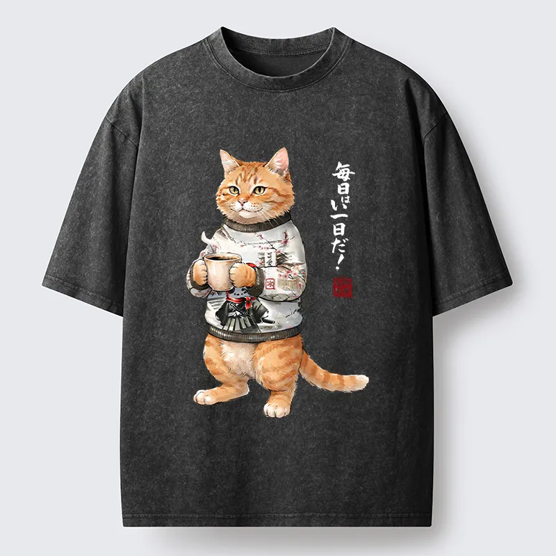 Tokyo‑Tiger Sweater Cat Coffee Washed T‑Shirt