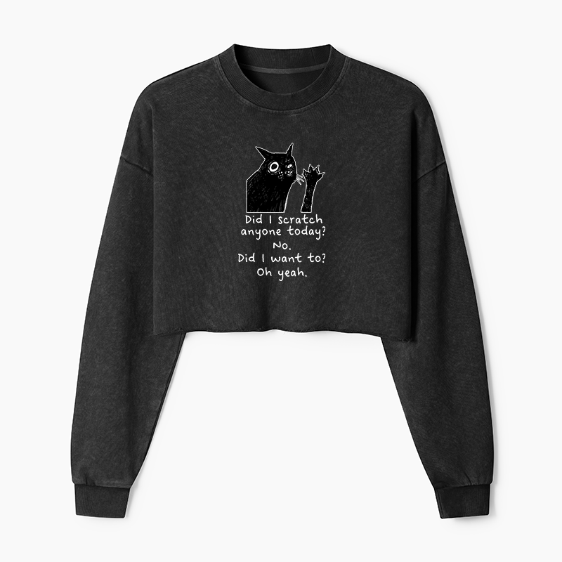 Tokyo-Tiger Black Cat Scratches People Washed Crop Sweatshirt