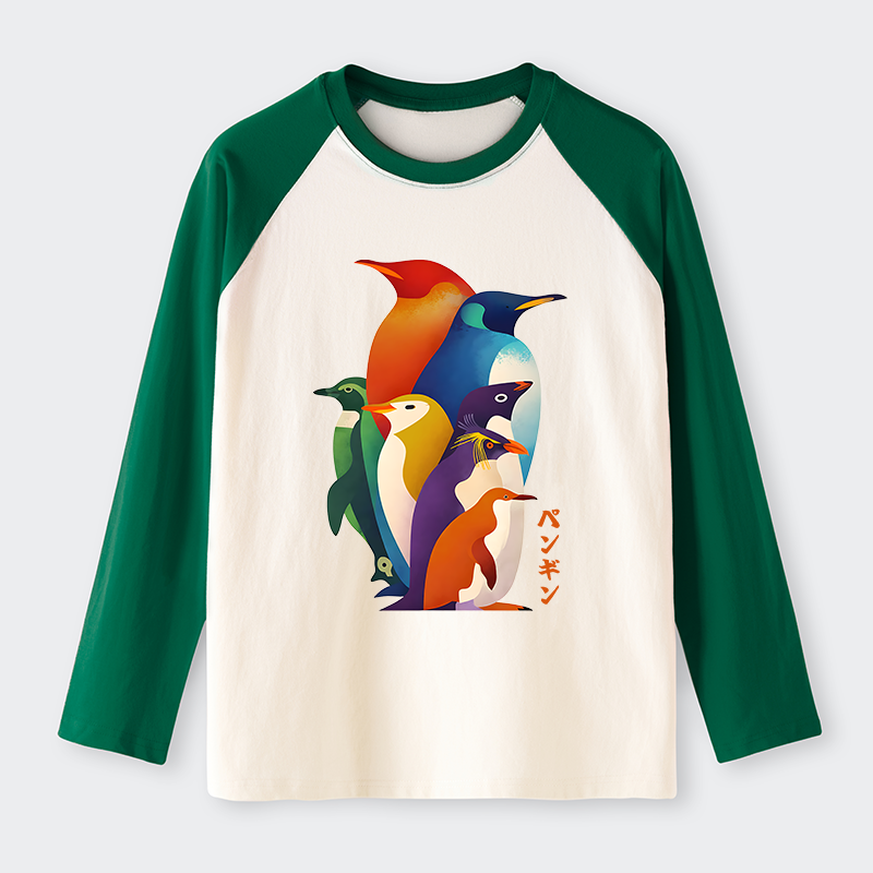 Tokyo-Tiger Cute Multi Tone Penguins Raglan Long Sleeve T-shirt