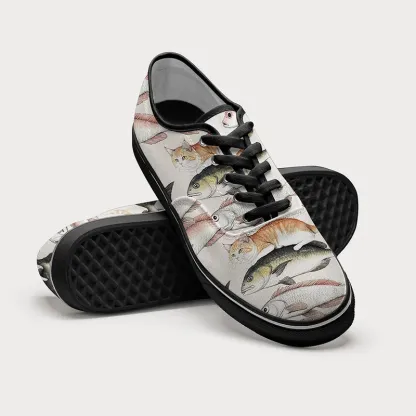Tokyo-Tiger Funny Cat Riding On Fish Canvas Shoes