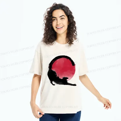 Tokyo-Tiger Black Cat Stretching Washed T-Shirt