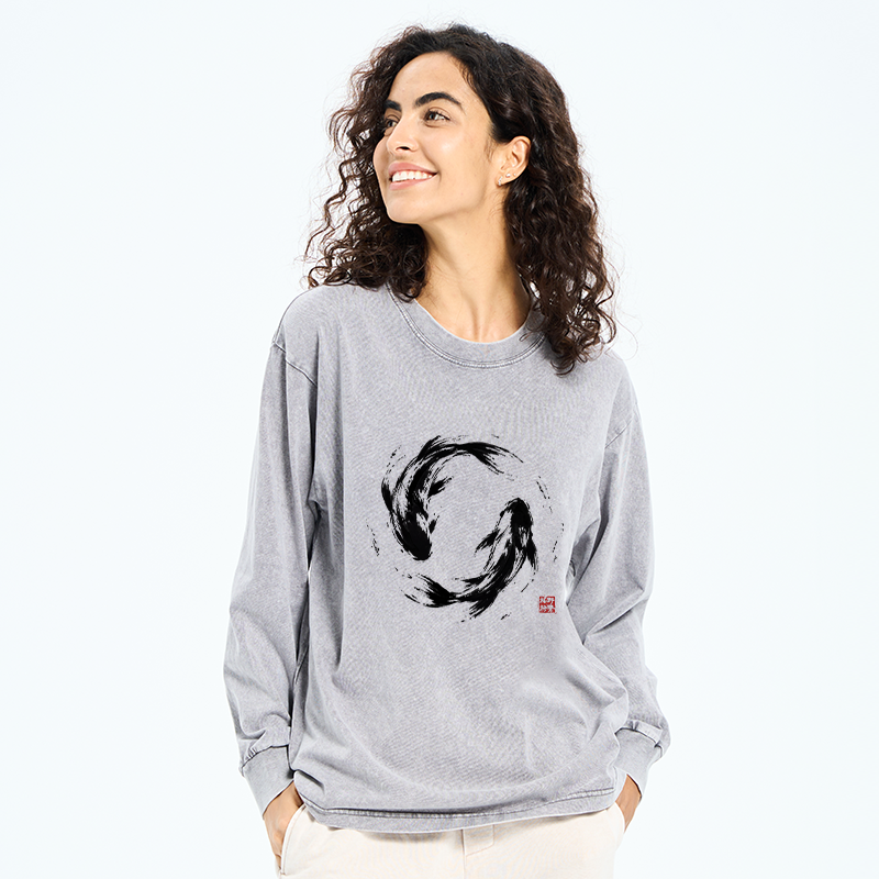 Tokyo-Tiger Ink Koi Fish Circle Washed Long Sleeve T-Shirt