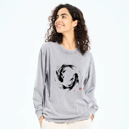 Tokyo-Tiger Ink Koi Fish Circle Washed Long Sleeve T-Shirt
