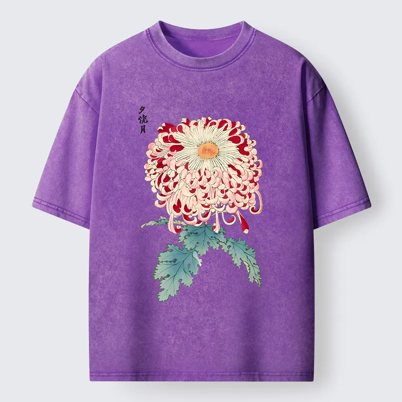 Tokyo-Tiger Vintage Chrysanthemum Art Washed T-Shirt