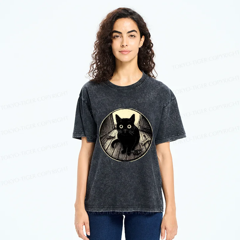 Tokyo-Tiger Waiting Black Cat Washed T-Shirt
