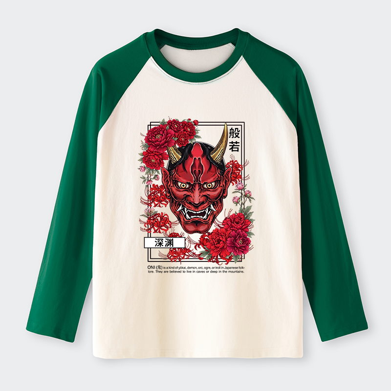 Tokyo-Tiger Cool Oni Floral Art Raglan Long Sleeve T-shirt