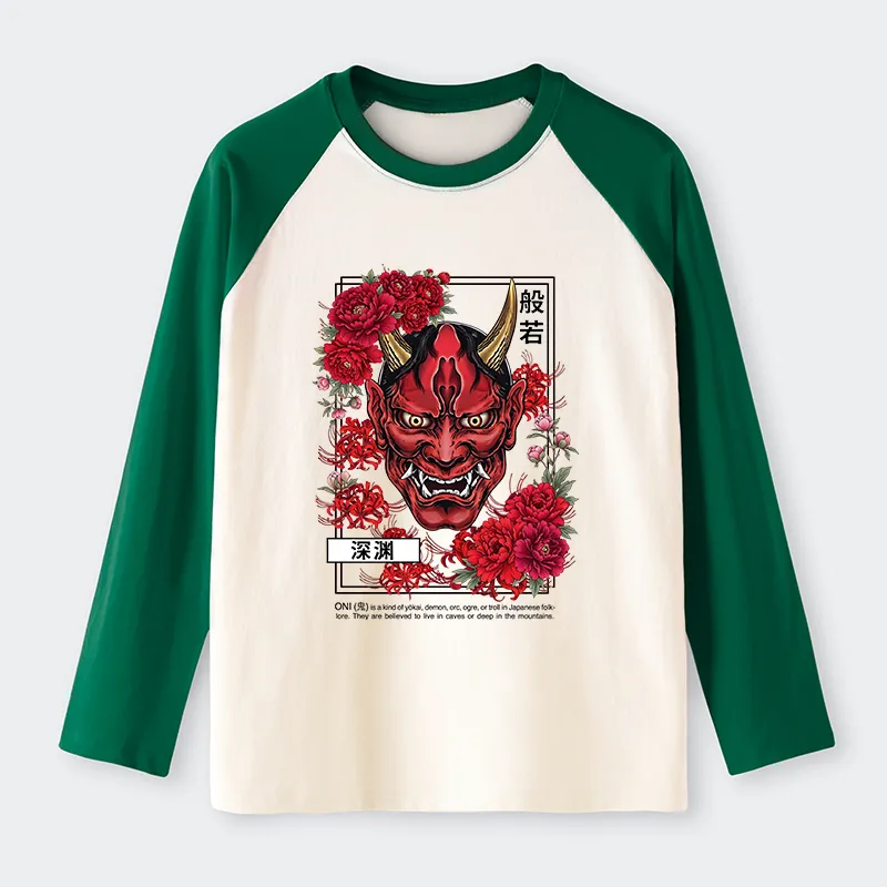 Tokyo-Tiger Cool Oni Floral Art Raglan Long Sleeve T-shirt