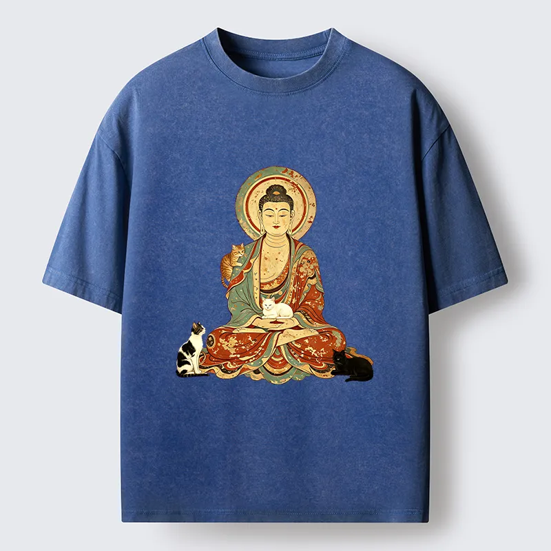 Tokyo-Tiger Buddha And Cats Art Washed T-Shirt