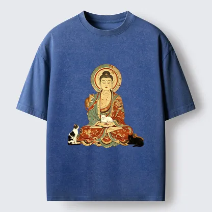 Tokyo-Tiger Buddha And Cats Art Washed T-Shirt