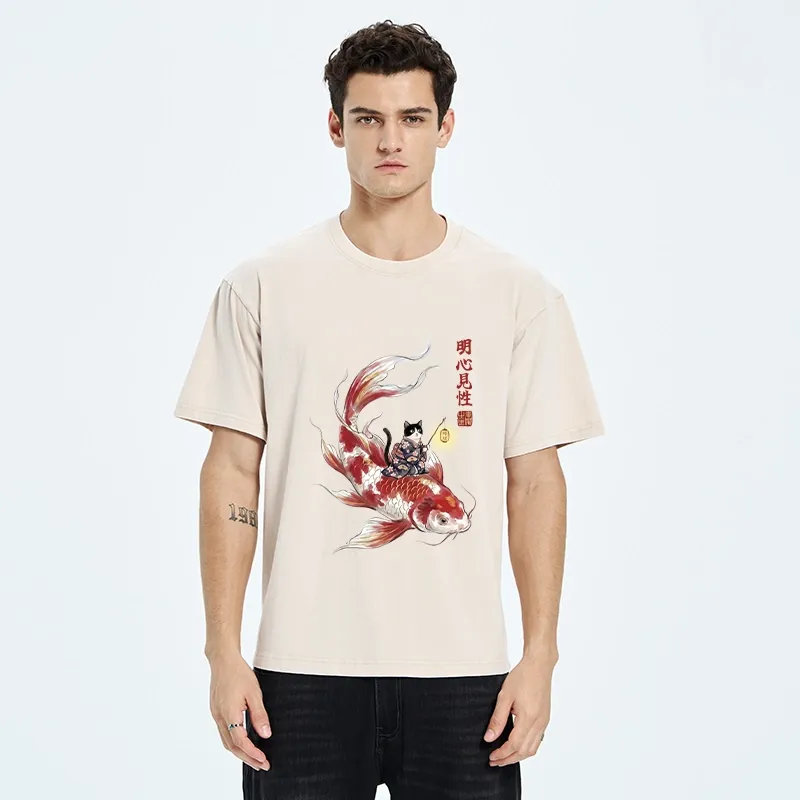 Tokyo-Tiger Cute Kimono Cat On Koi Fish Washed T-Shirt