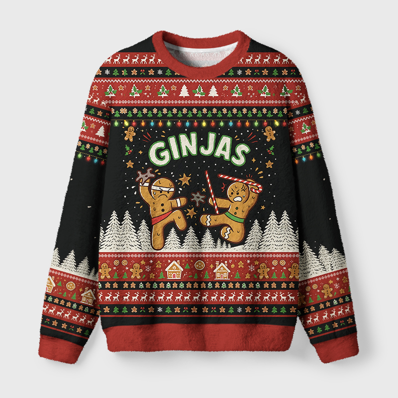 Tokyo-Tiger Gingerbread Ninjas In Battle Fuzzy Christmas Ugly Sweatshirt