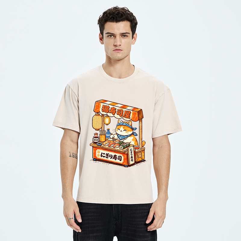 Tokyo-Tiger Cute Cat Running A Sushi Stall Washed T-Shirt