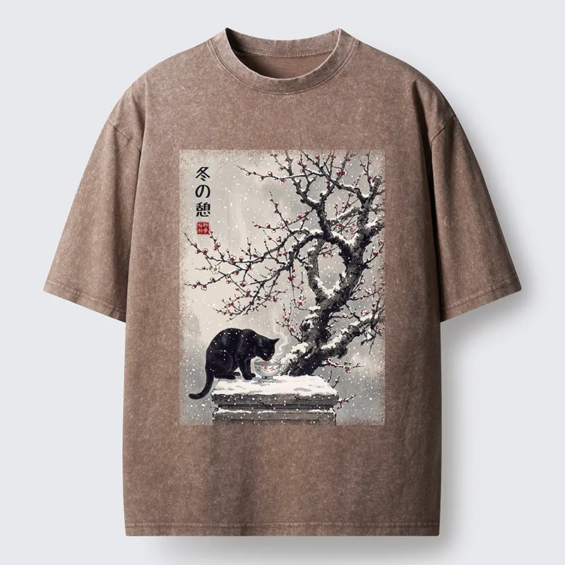 Tokyo‑Tiger Snow Cat Calm Vibes Washed T-Shirt
