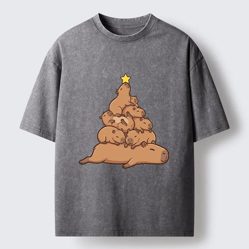 Tokyo-Tiger Funny Stacked Capybara Christmas Tree Washed T-Shirt
