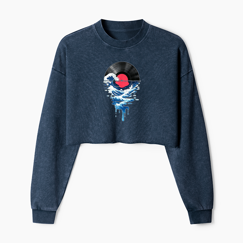 Tokyo-Tiger Vinyl Records And Waves Washed Crop Sweatshirt