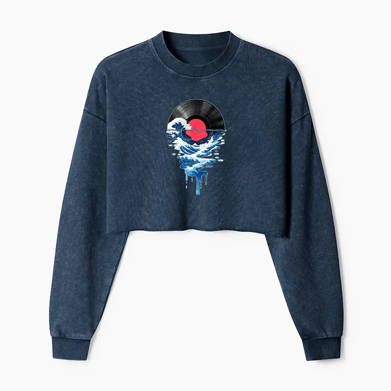 Tokyo-Tiger Vinyl Records And Waves Washed Crop Sweatshirt