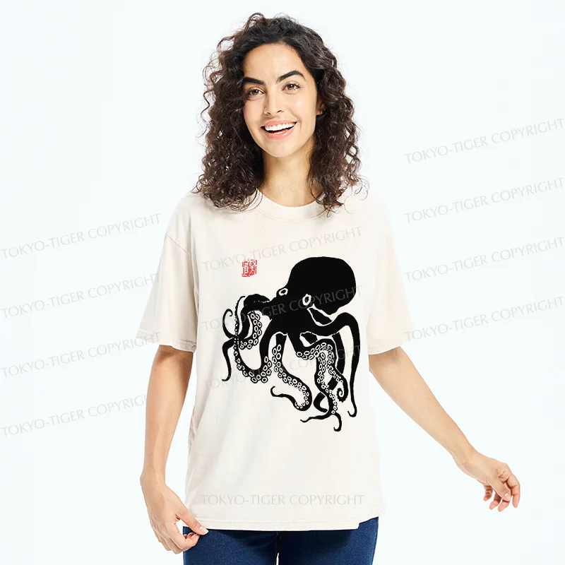 Tokyo-Tiger Retro Japanese Octopu Washed T-Shirt