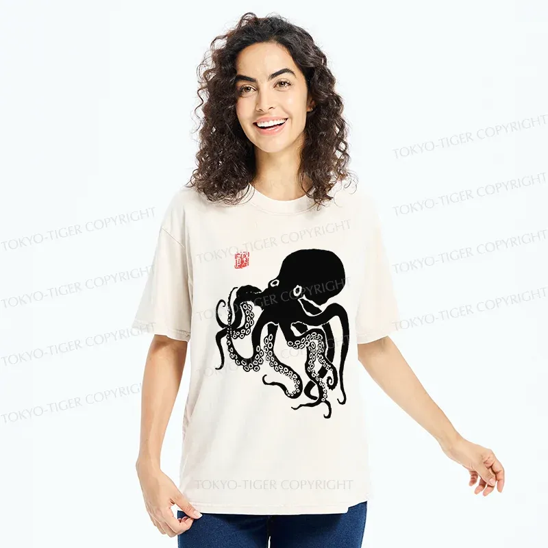 Tokyo-Tiger Retro Japanese Octopu Washed T-Shirt