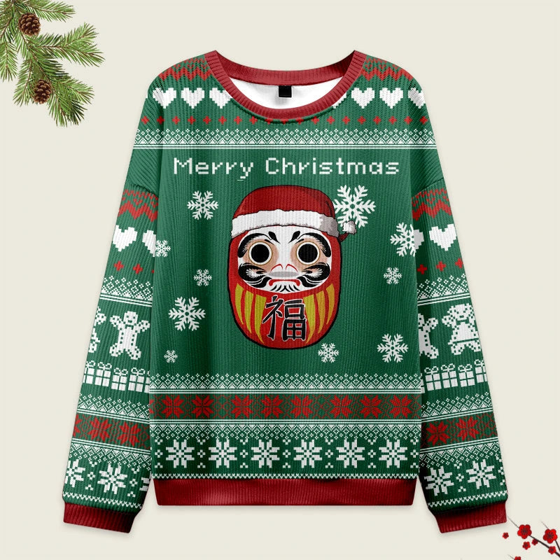Tokyo-Tiger Japanese Daruma Green Christmas Ugly Sweatshirt