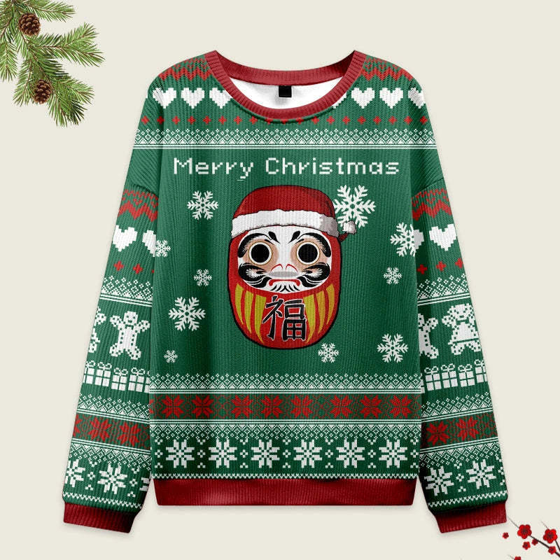 Tokyo-Tiger Japanese Daruma Green Christmas Ugly Sweater Sale