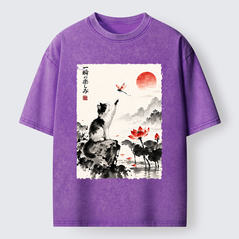 Tokyo-Tiger Cat Chases Dragonfly Washed T-Shirt