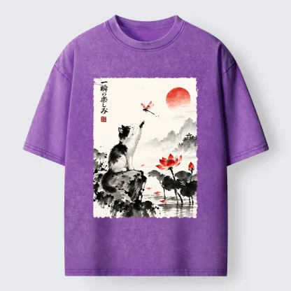 Tokyo-Tiger Cat Chases Dragonfly Washed T-Shirt