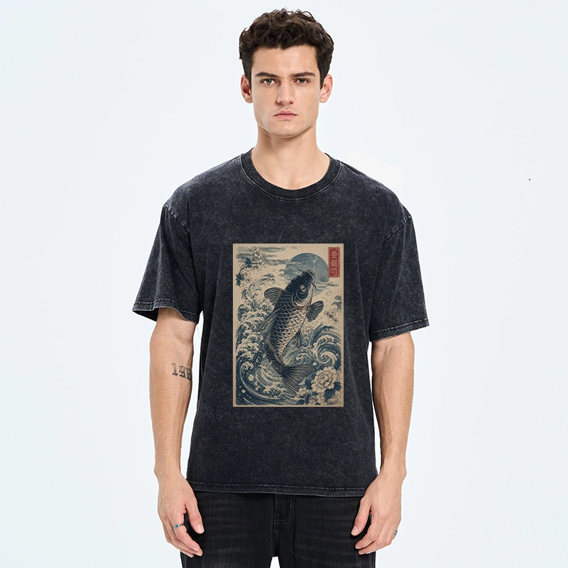 Tokyo-Tiger Vintage Ukiyo Koi Wave Flower Graphic Washed T-Shirt