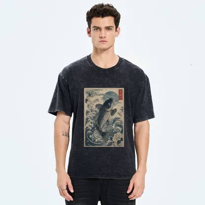 Tokyo-Tiger Vintage Ukiyo Koi Wave Flower Graphic Washed T-Shirt