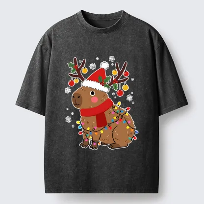 Tokyo-Tiger Cute Christmas Capybara Washed T-Shirt
