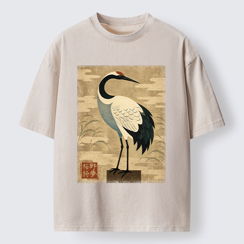 Tokyo-Tiger Elegant Japanese Crane Washed T-Shirt