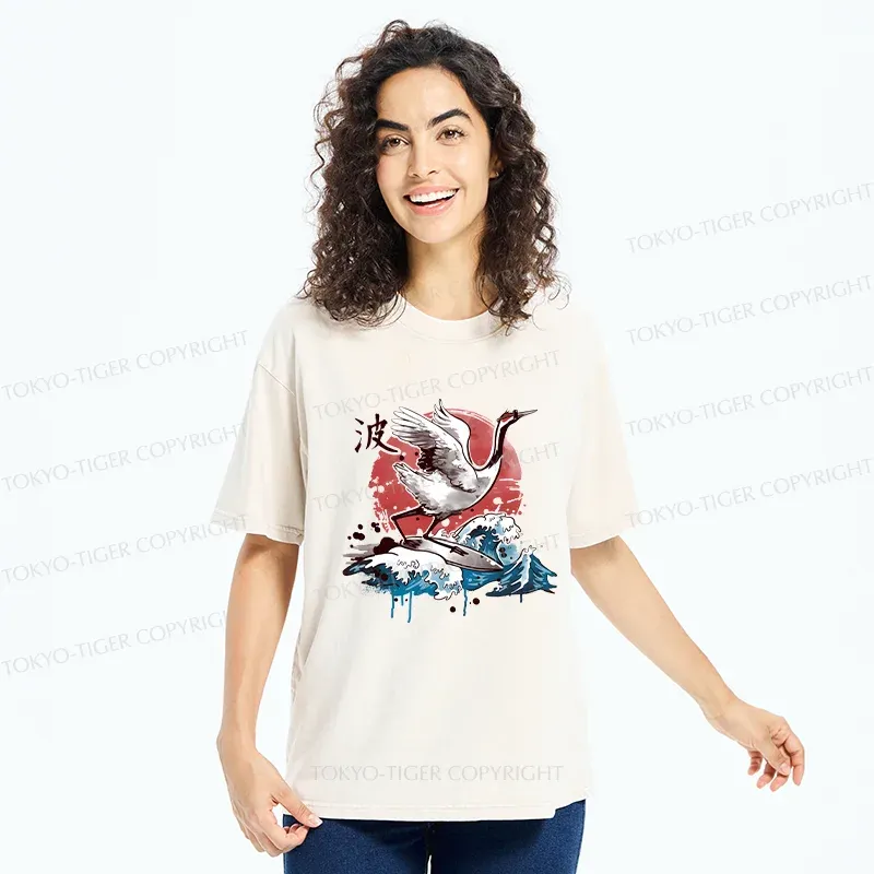 Tokyo-Tiger Crane Surfing Washed T-Shirt
