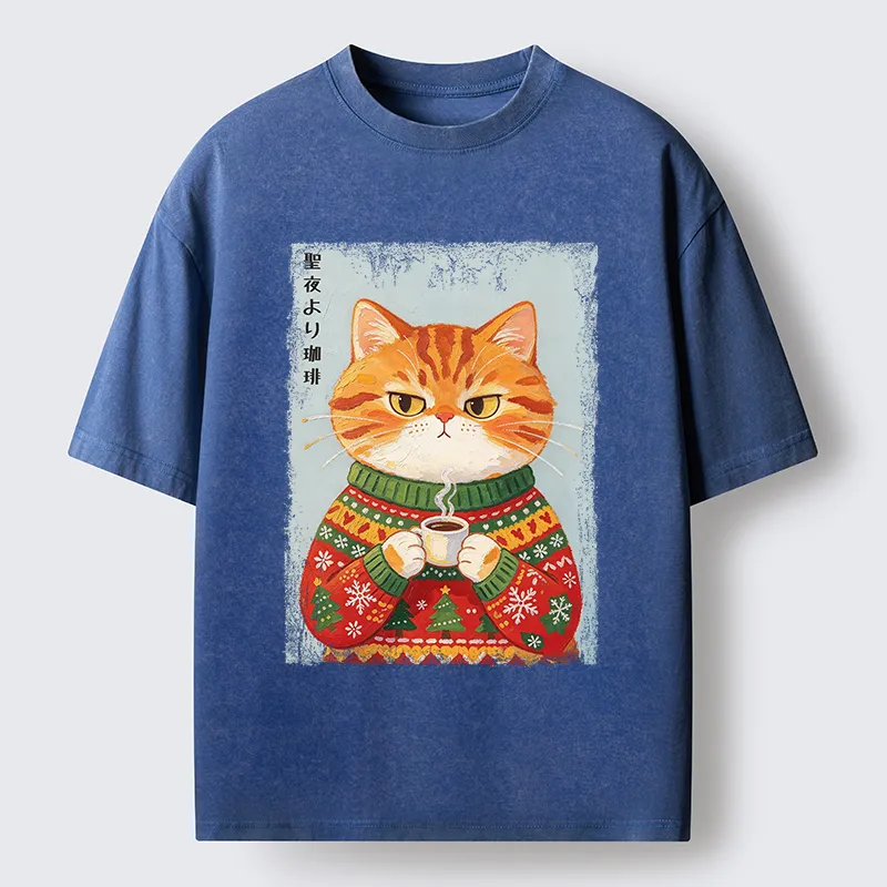 Tokyo-Tiger Christmas Coffee Cat Art Washed T-Shirt
