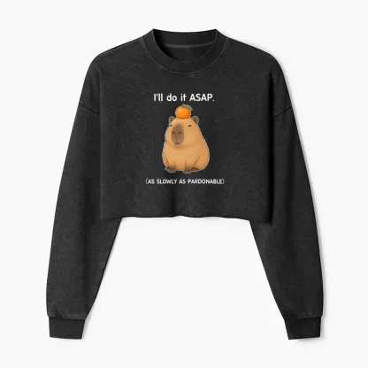 Tokyo-Tiger Slow Task Capybara Meme Washed Crop Sweatshirt