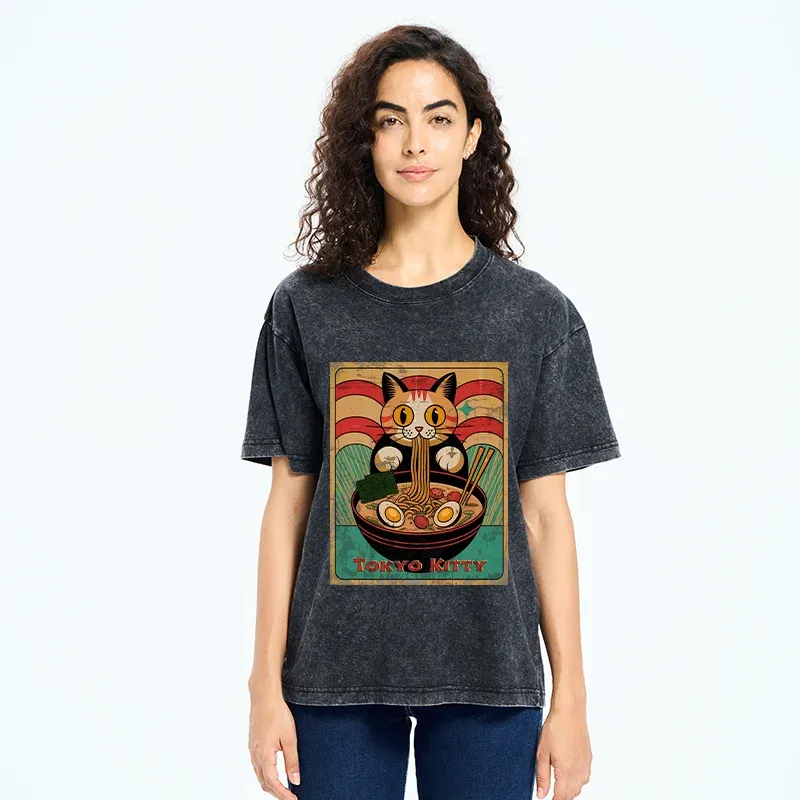 Tokyo-Tiger Retro Cat Eating Ramen Japan Washed T-Shirt