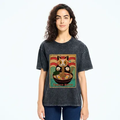 Tokyo-Tiger Retro Cat Eating Ramen Japan Washed T-Shirt