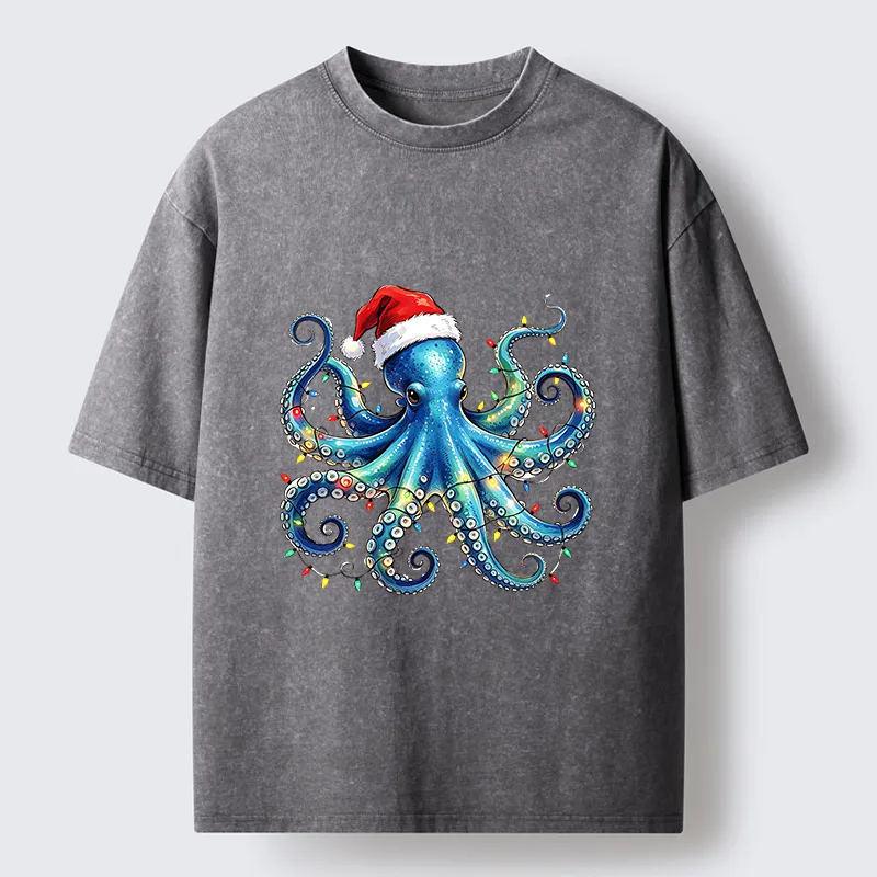 Tokyo‑Tiger Christmas Octopus Lights Washed T‑Shirt