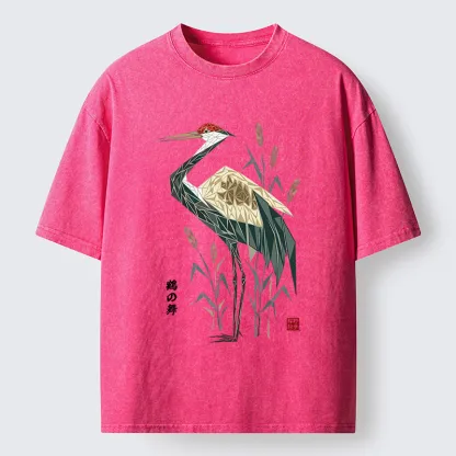 Tokyo-Tiger Geometric Crane Oriental Art Washed T-Shirt