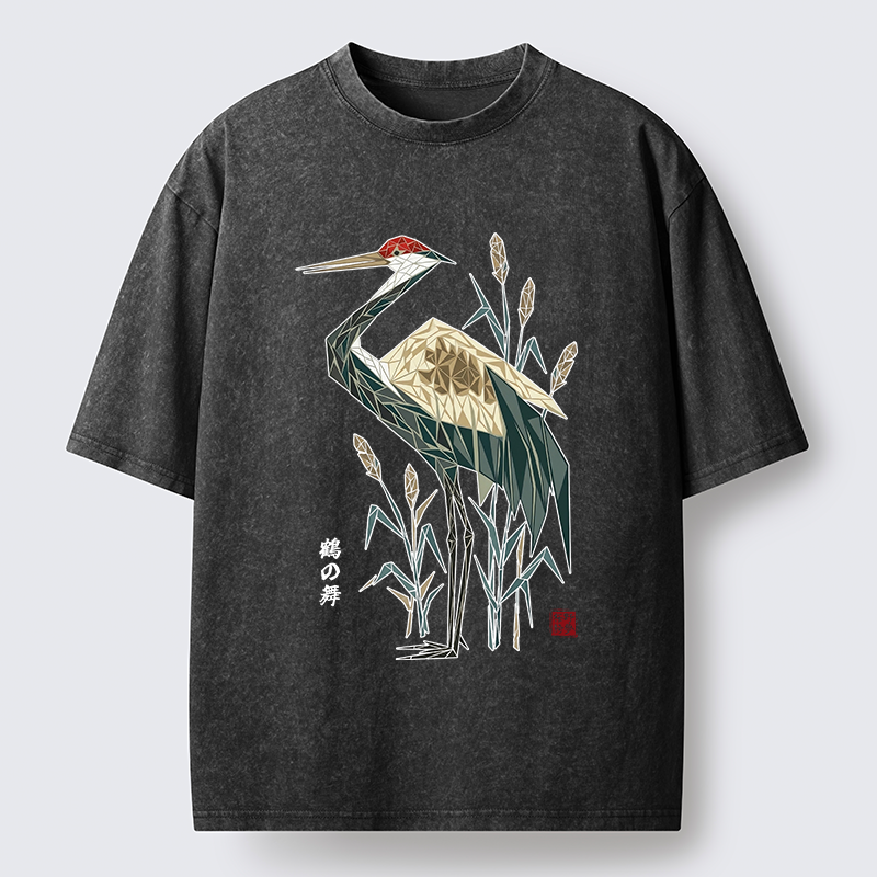 Tokyo-Tiger Geometric Crane Oriental Art Washed T-Shirt