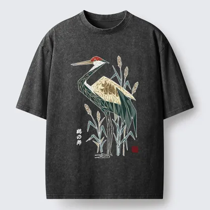Tokyo-Tiger Geometric Crane Oriental Art Washed T-Shirt