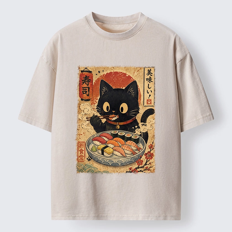 Tokyo‑Tiger Japanese Food Cat Washed T‑Shirt