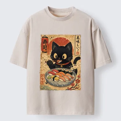Tokyo‑Tiger Japanese Food Cat Washed T‑Shirt